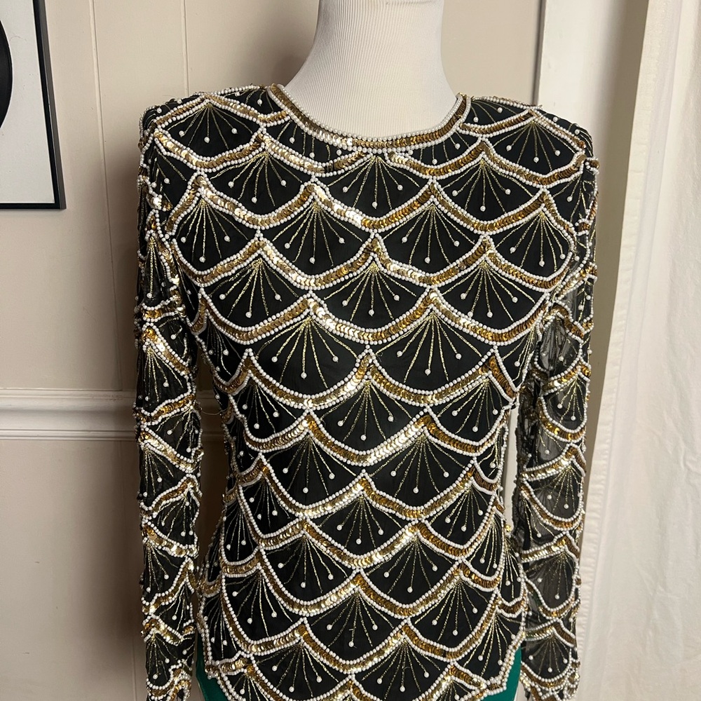 Laurence Kazar Cream Tan Sequin Long Sleeve Cocktail Dress
